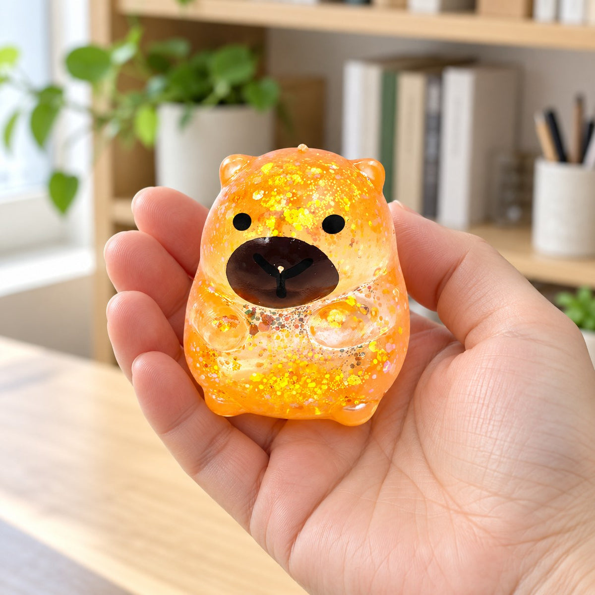 Capybara squishy glitter (orange), held in a hand to show the real size