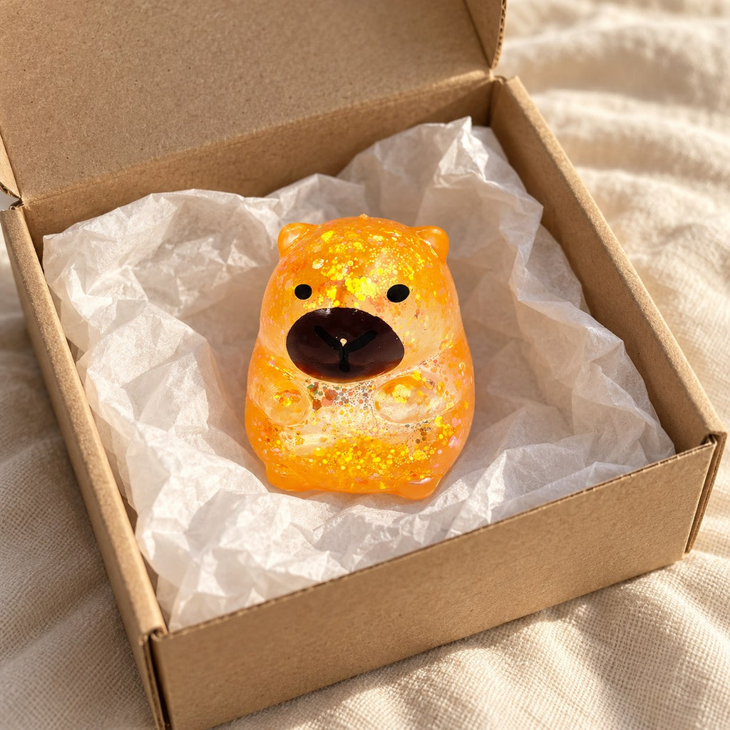 Capybara squishy glitter (orange), unboxed from a parcel with tissue paper