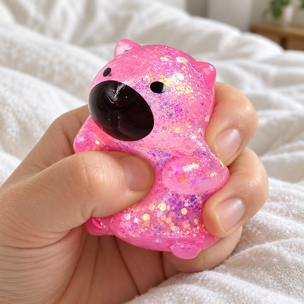 Capybara squishy stretchy (pink), being squeezed by hand, soft and squishy