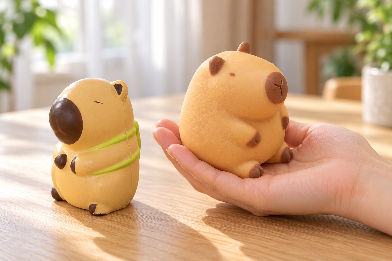Hand holding a brown capybara squishy, a second capybara squishy sits on the table