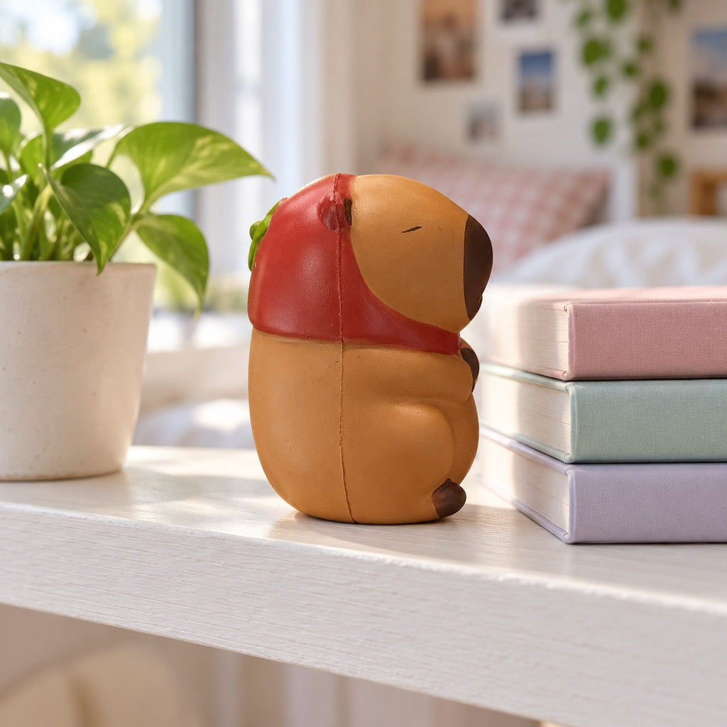 Capybara squishy slow rising (Strawberry hood, brown), on a shelf with books and a plant as room decor