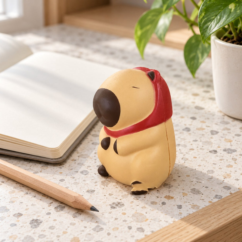 Capybara squishy slow rising (Strawberry hood, light beige), on a desk with a notebook and pencil