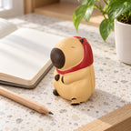 Capybara squishy slow rising (Strawberry hood, light beige), on a desk with a notebook and pencil