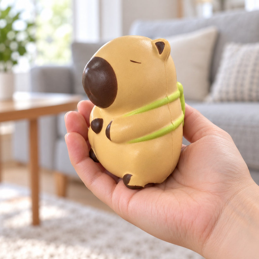 Capybara squishy kawaii (Turtle, light beige), held in a hand to show the real size