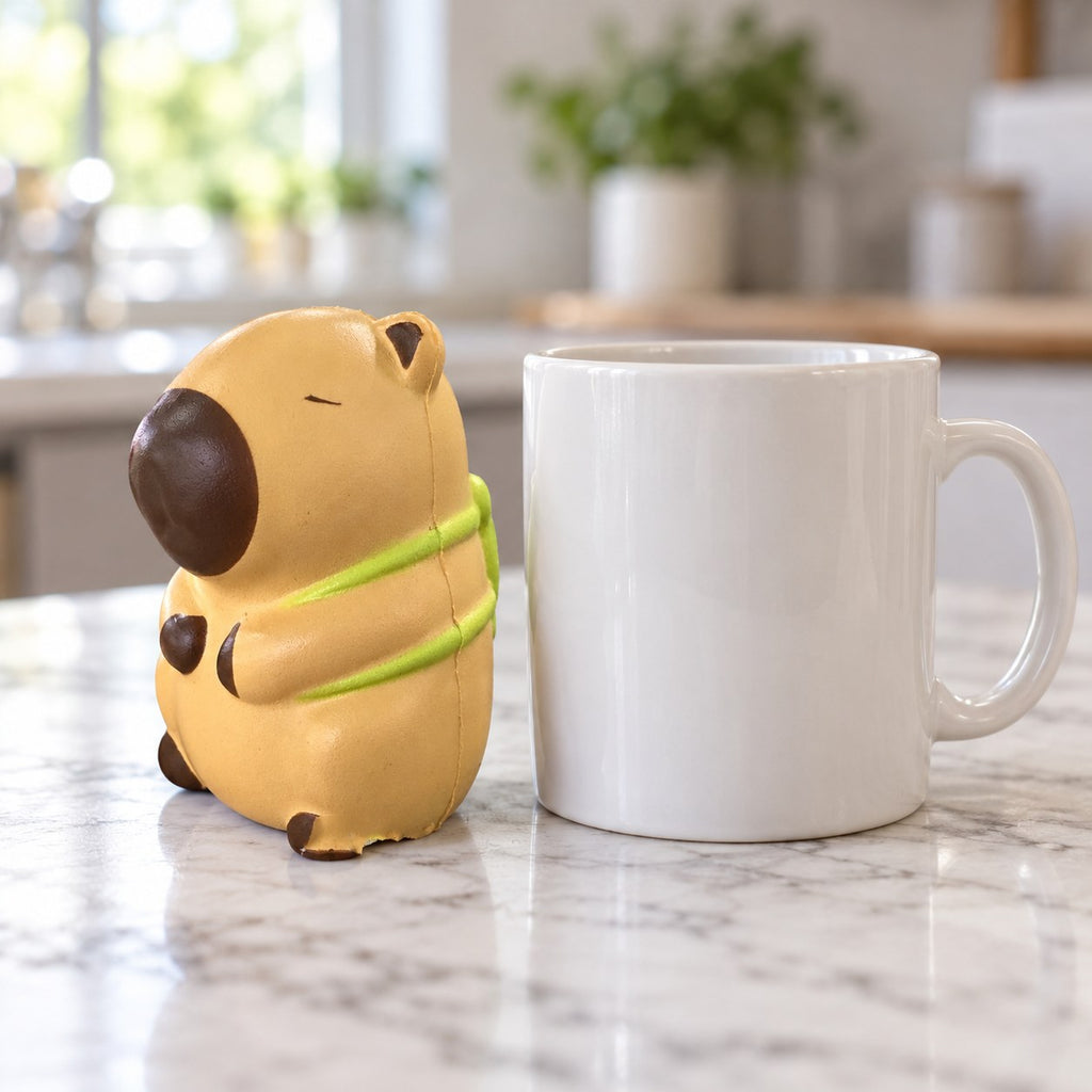 Capybara squishy kawaii (Turtle, light beige), next to a coffee mug for size comparison