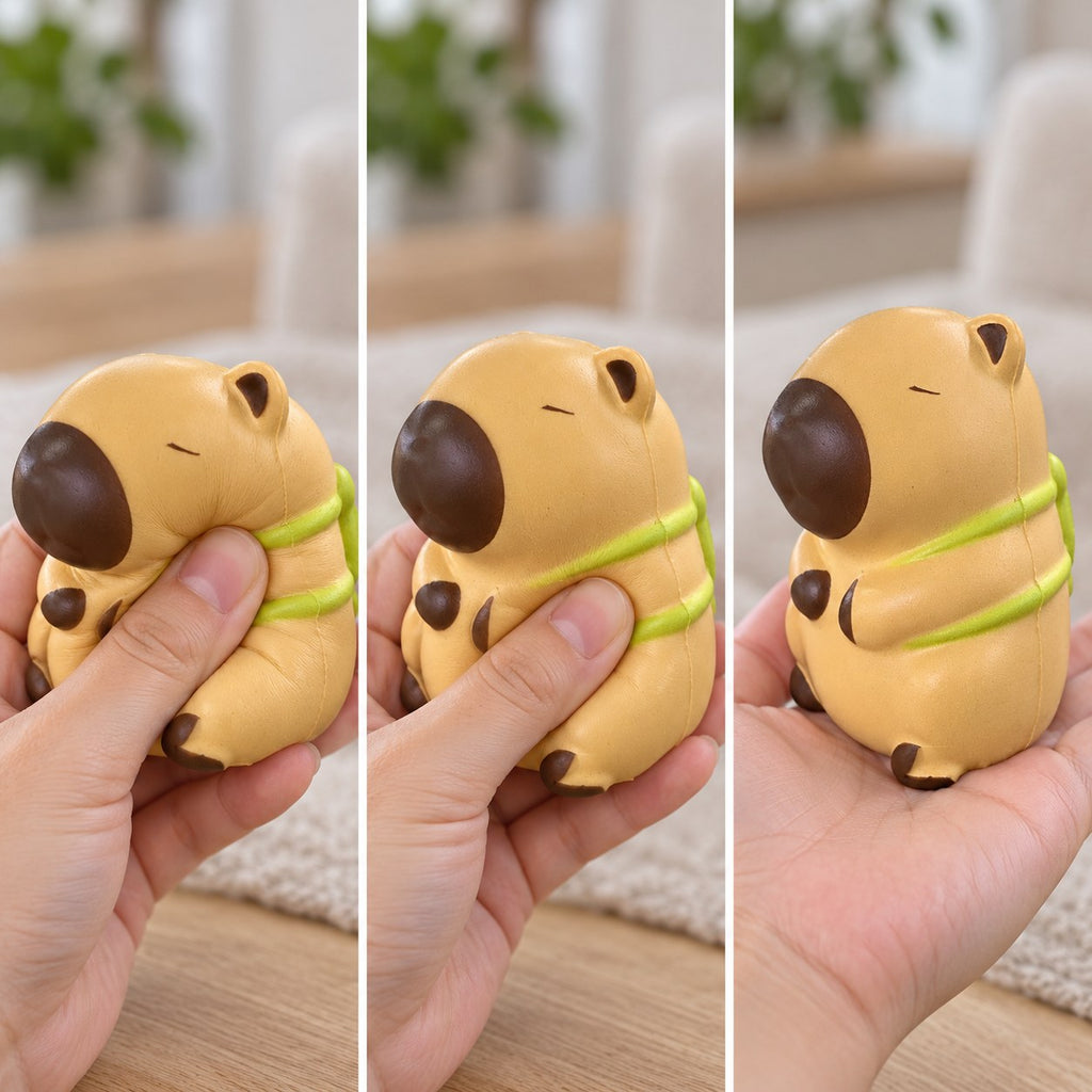 Capybara squishy slow rising (Turtle, light beige), squished flat, half risen and fully back in shape