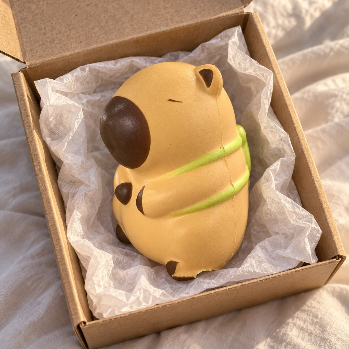 Capybara squishy slow rising (Turtle, light beige), unboxed from a parcel with tissue paper