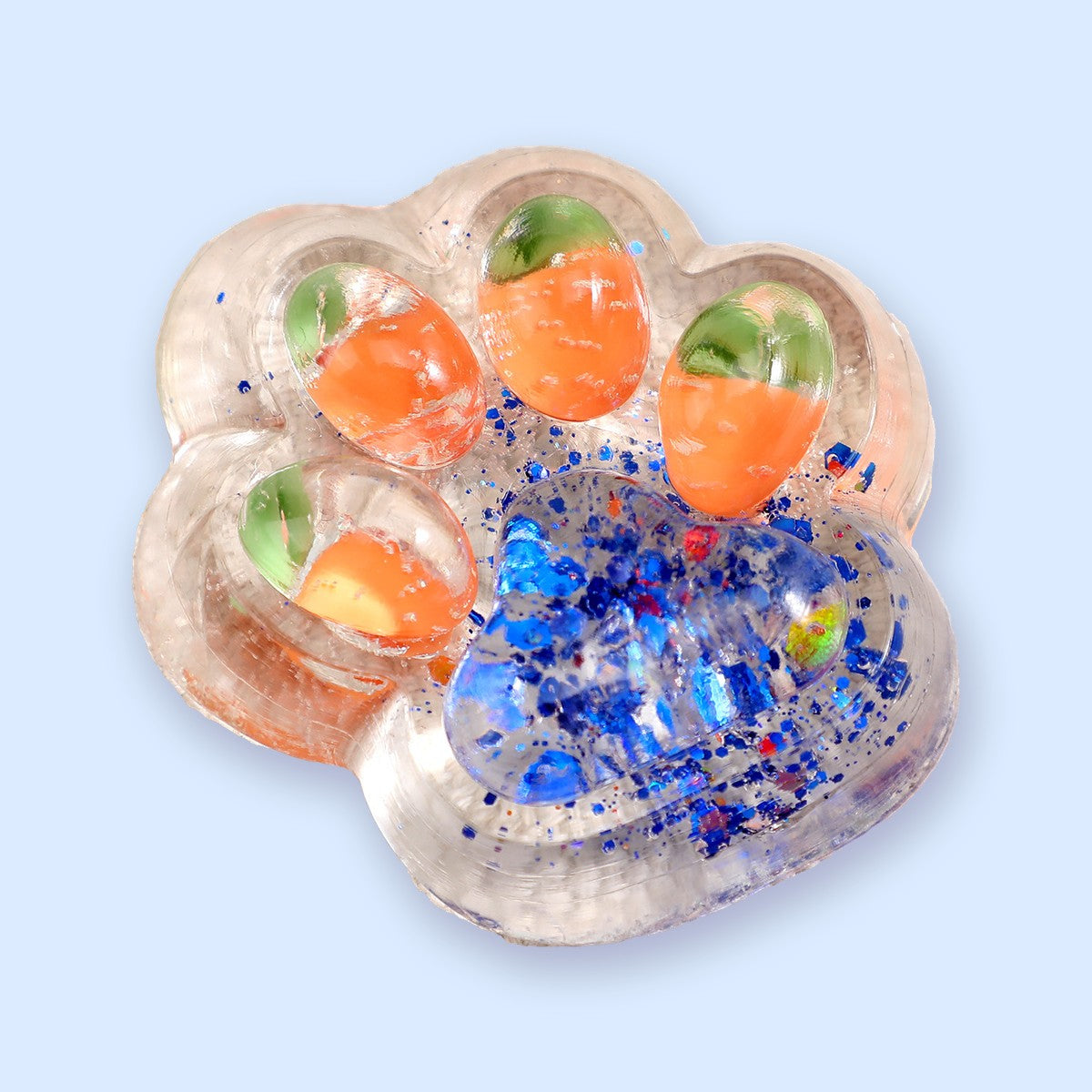 Cat Paw Squishy with Fruit and Glitter, 7 cm – Orange with blue glitter