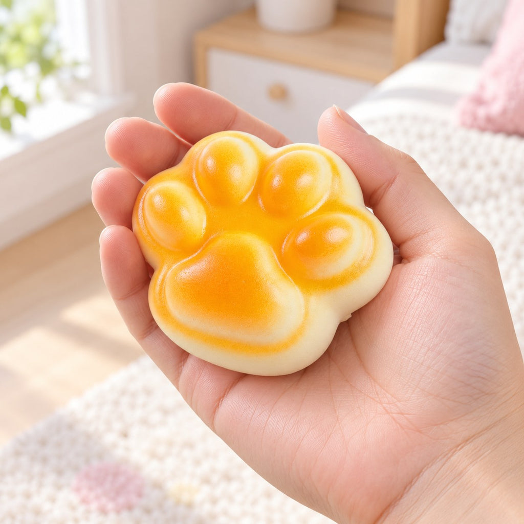 Cat Paw Bread Squishy, Golden Bun 7 cm, held in a hand to show the real size