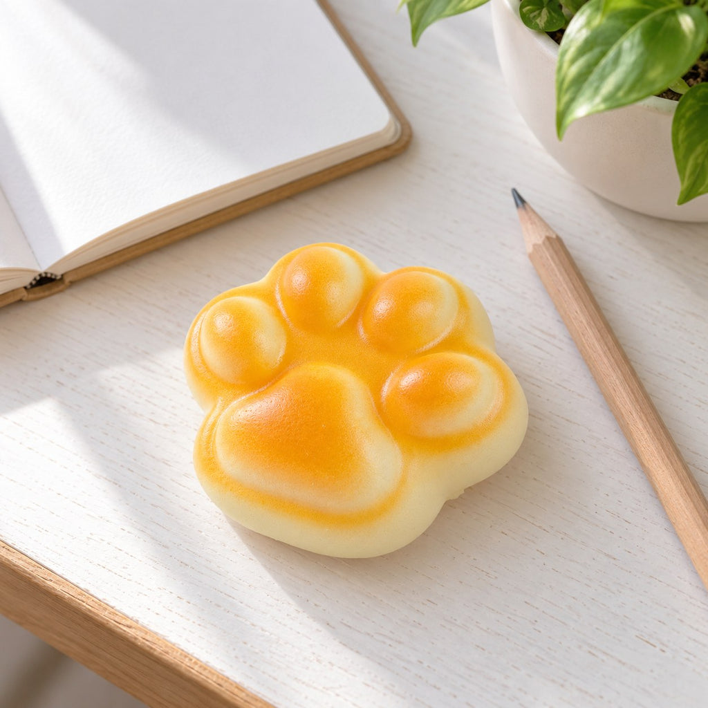 Cat paw bread squishy, on a desk with a notebook and pencil
