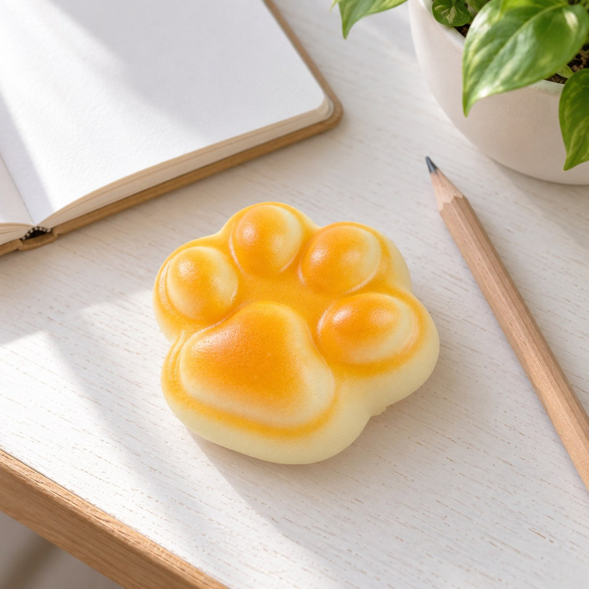 Cat paw bread squishy, on a desk with a notebook and pencil