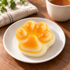 Cat Paw Bread Squishy, Golden Bun 7 cm, on a plate on a breakfast table
