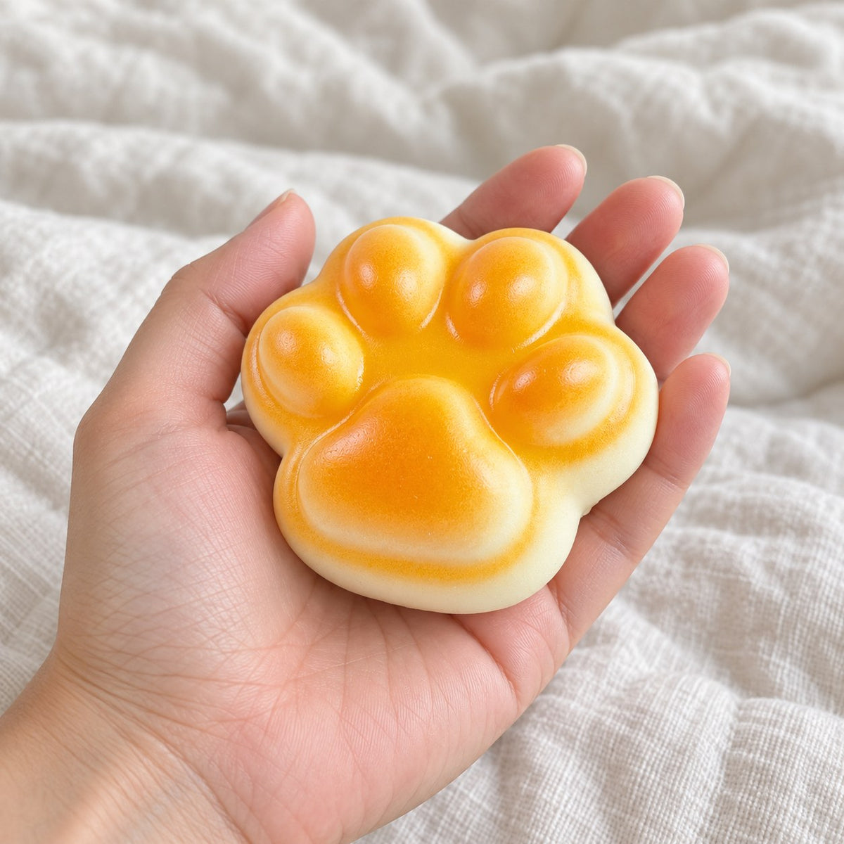 Cat paw squishy soft, held toward the camera, first-person view