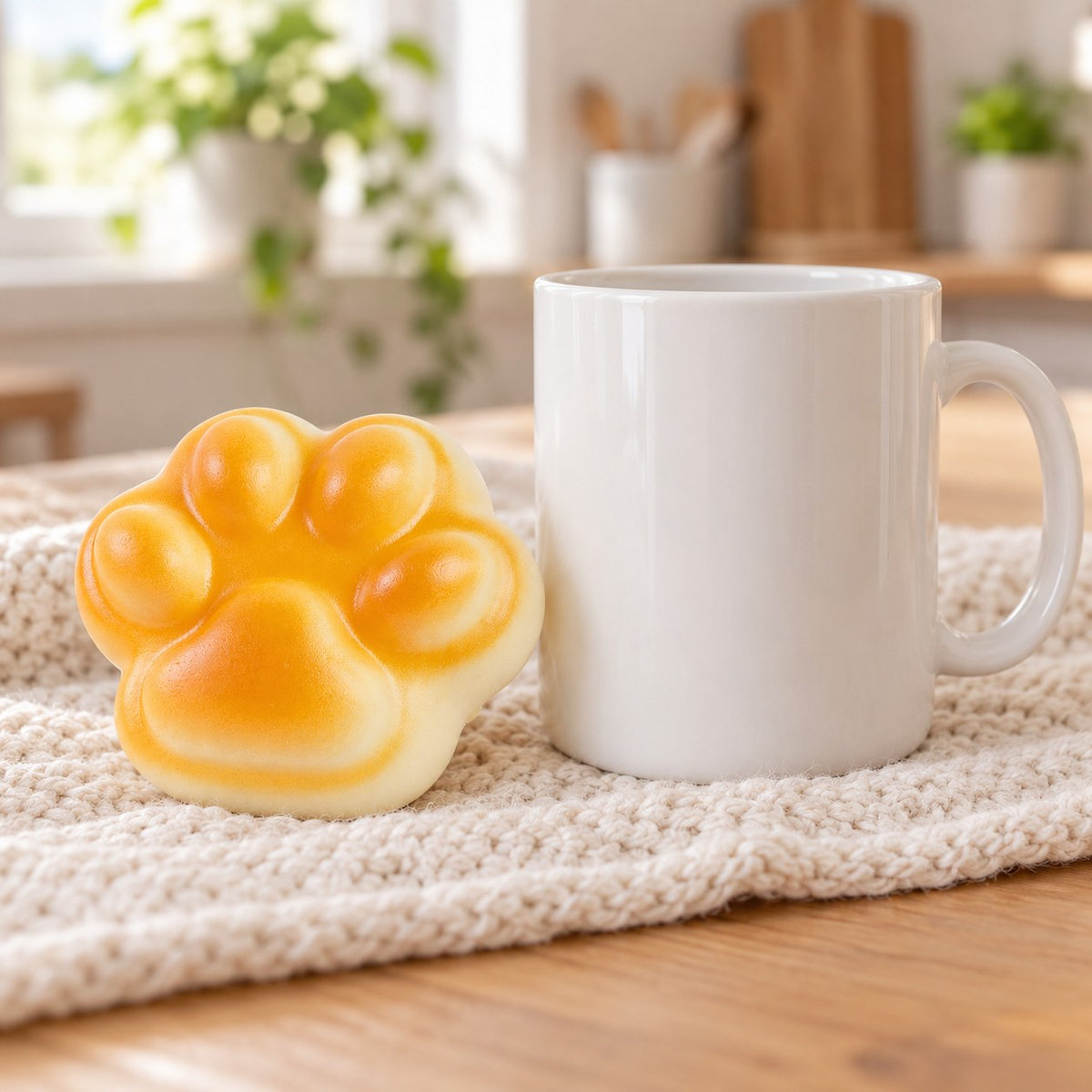 Cat Paw Bread Squishy, Golden Bun 7 cm, next to a coffee mug for size comparison