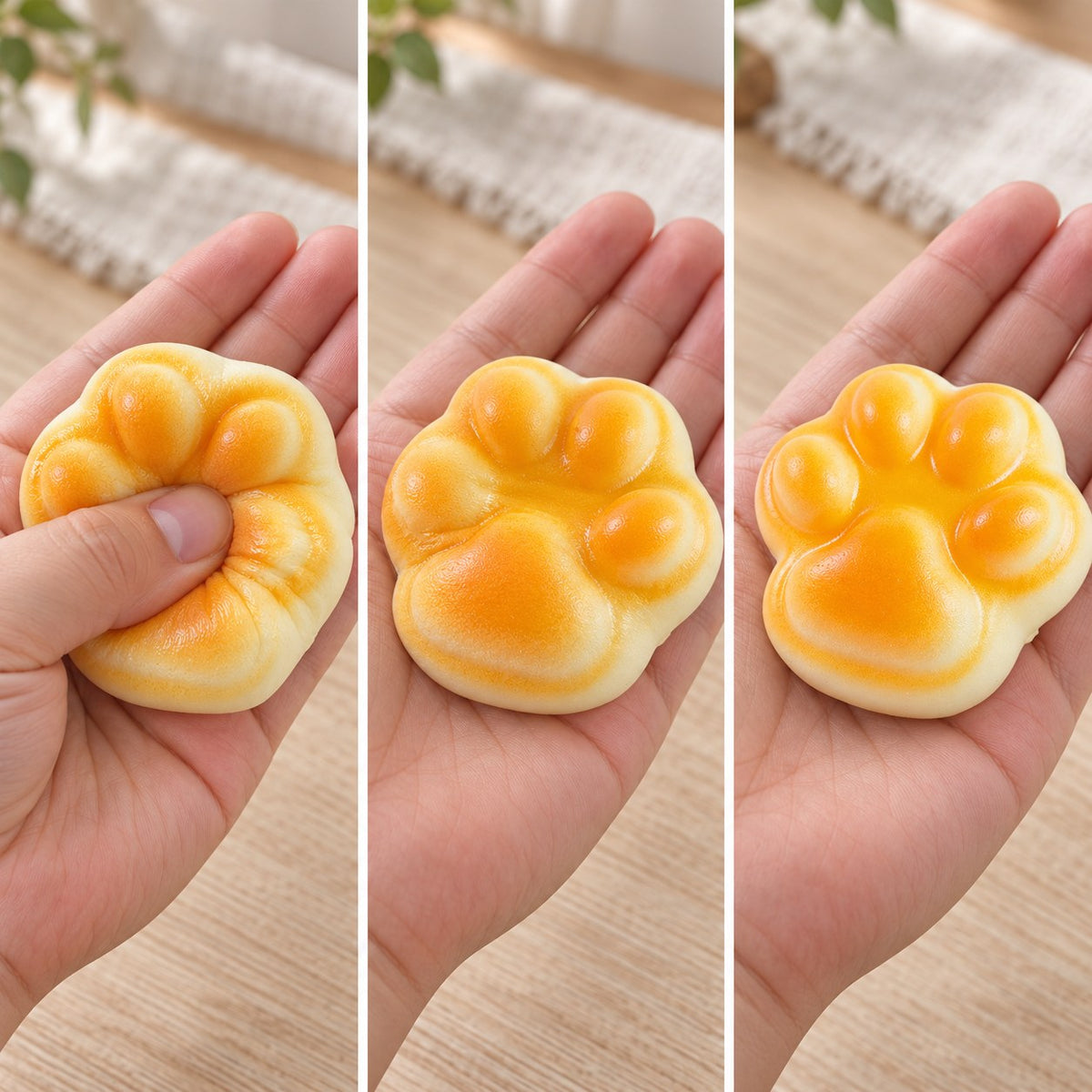 Cat paw bread squishy, squished flat, half risen and fully back in shape