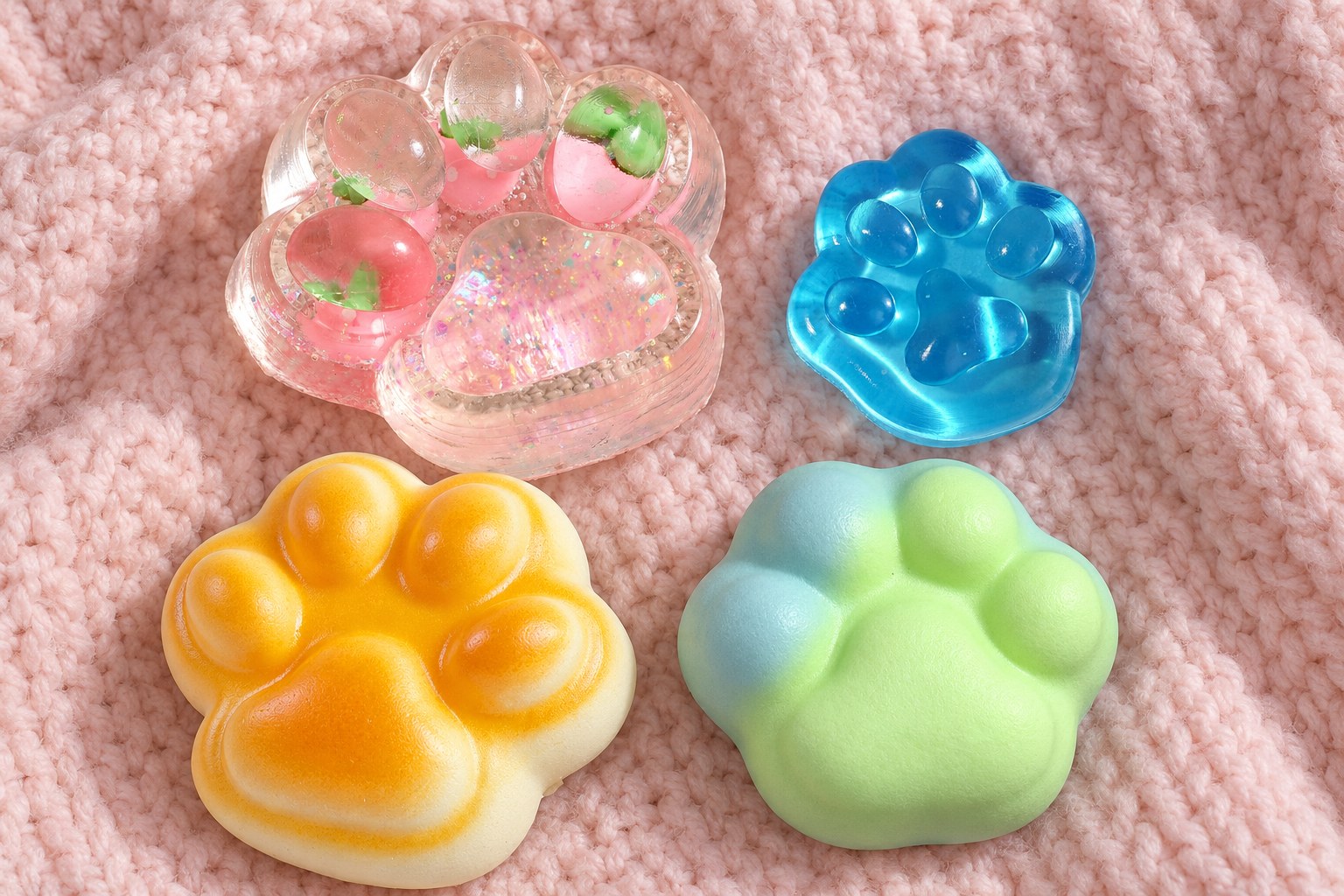 Four cat paw squishies seen from above on a pink knitted blanket: glitter fruit paw, mini jelly paw, bread paw and crunchy paw