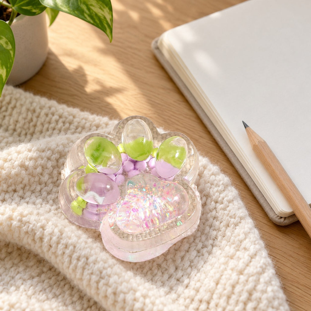 Cat paw squishy glitter (Lilac), on a desk with a notebook and pencil