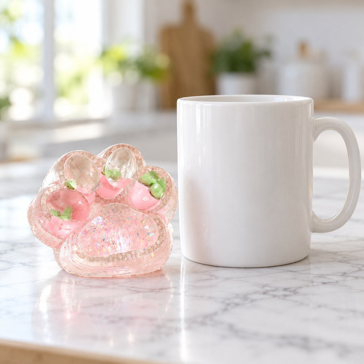 Cat paw squishy glitter jelly (Strawberry pink), next to a coffee mug for size comparison