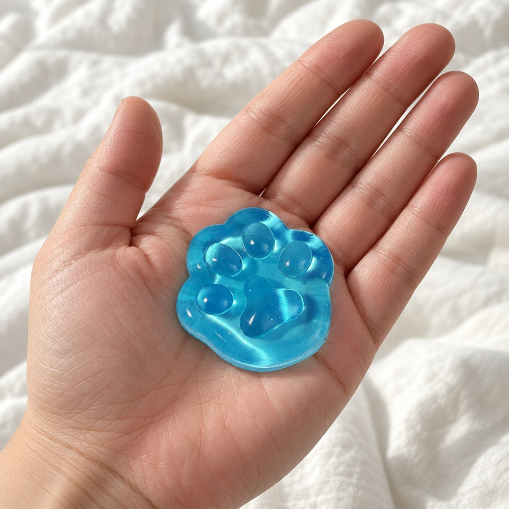 Cat paw squishy mini jelly (Blue), held toward the camera, first-person view