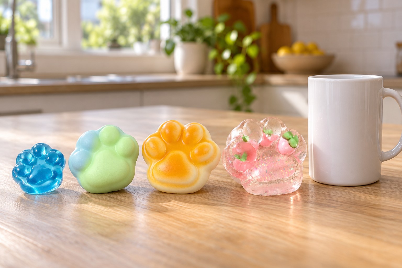 Four cat paw squishies lined up by size next to a white coffee mug