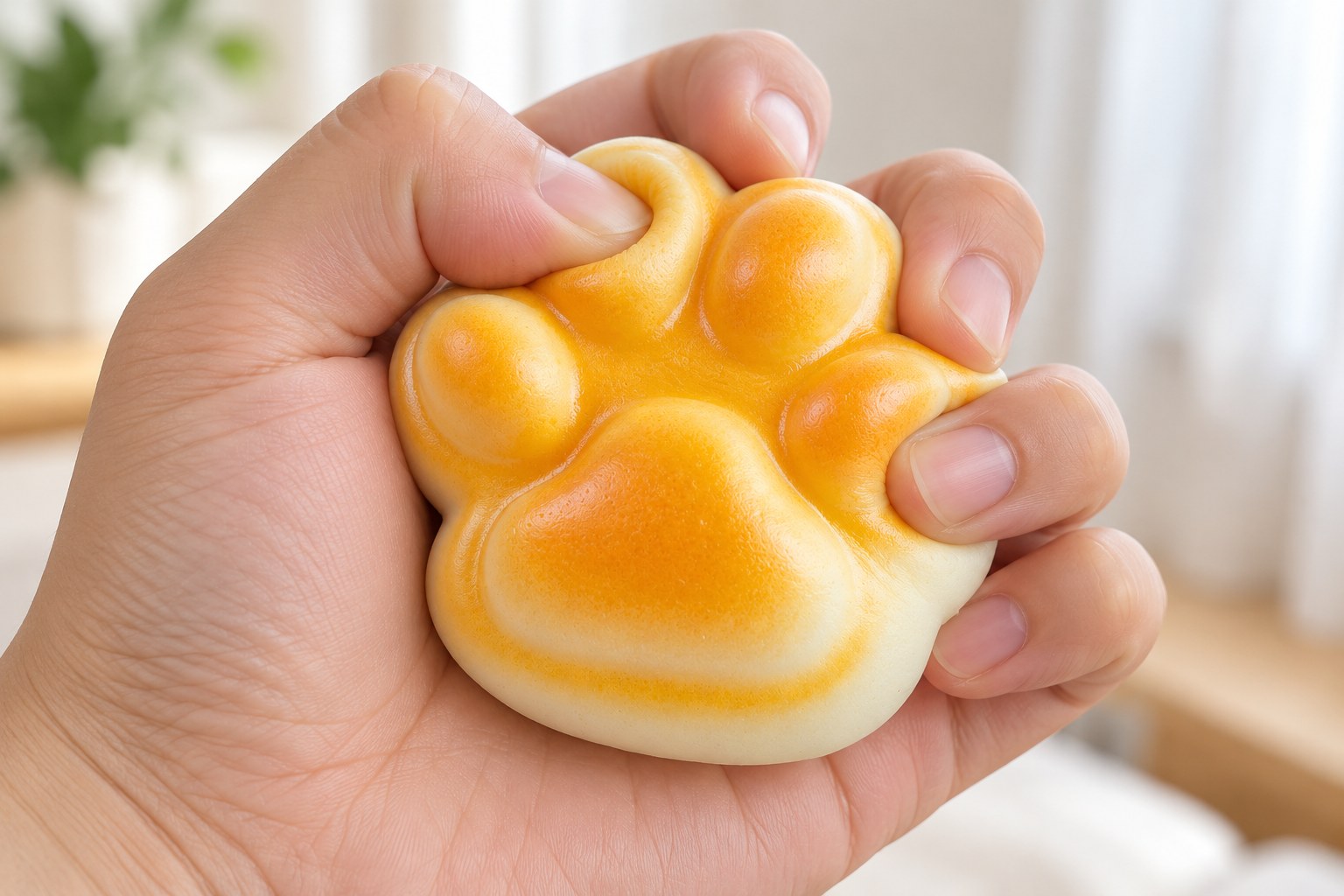 Hand pressing the toe beans of a golden cat paw bread squishy