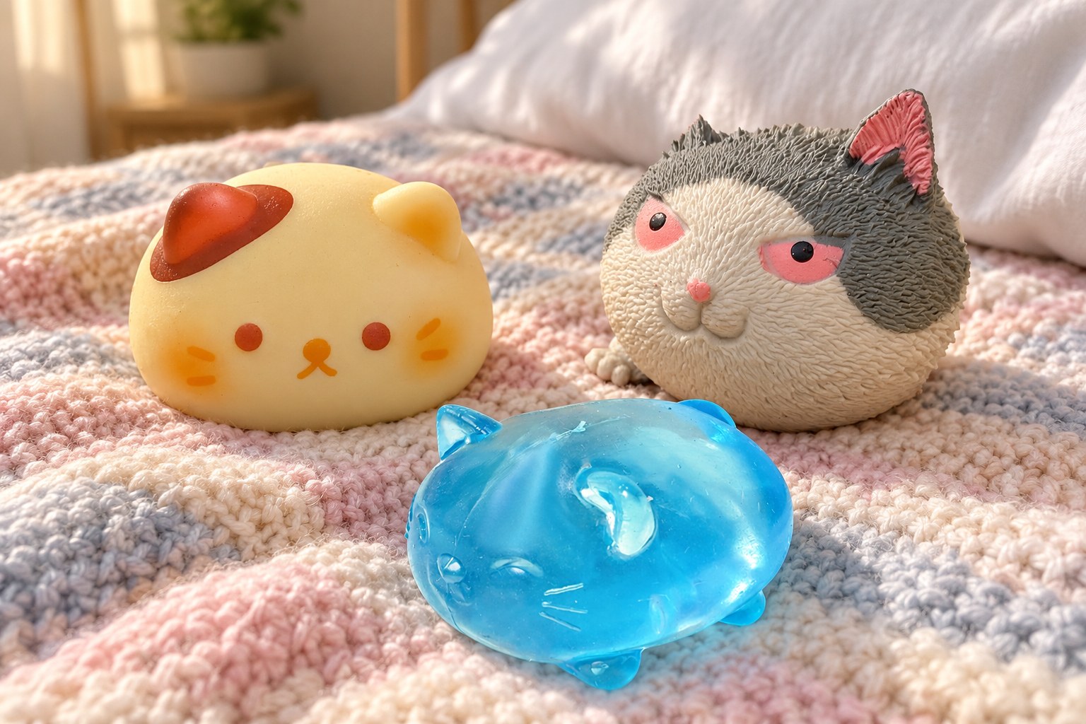 Cat bun squishy, angry cat squishy and clear jelly cat on a bed with a pastel knitted blanket
