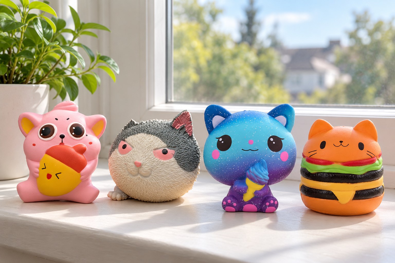 Four cat squishies on a white window sill in the sun: chubby cat with acorn, angry cat, galaxy cat and cat burger