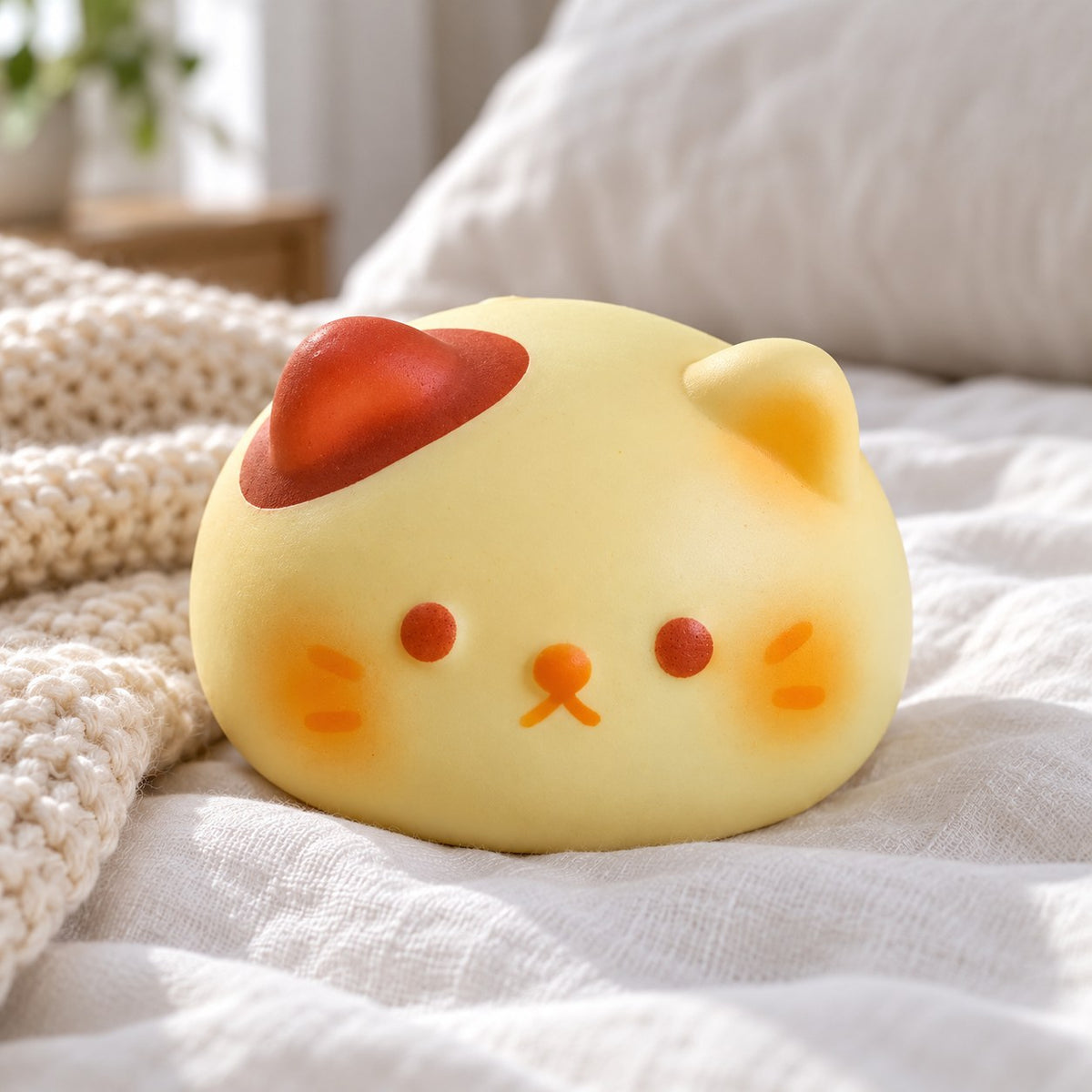 Cat bun squishy, on a cozy bed with soft blankets
