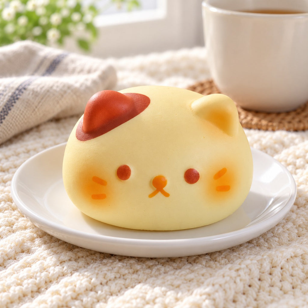 Cat bun squishy kawaii, on a plate on a breakfast table