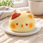 Cat bun squishy kawaii, on a plate on a breakfast table