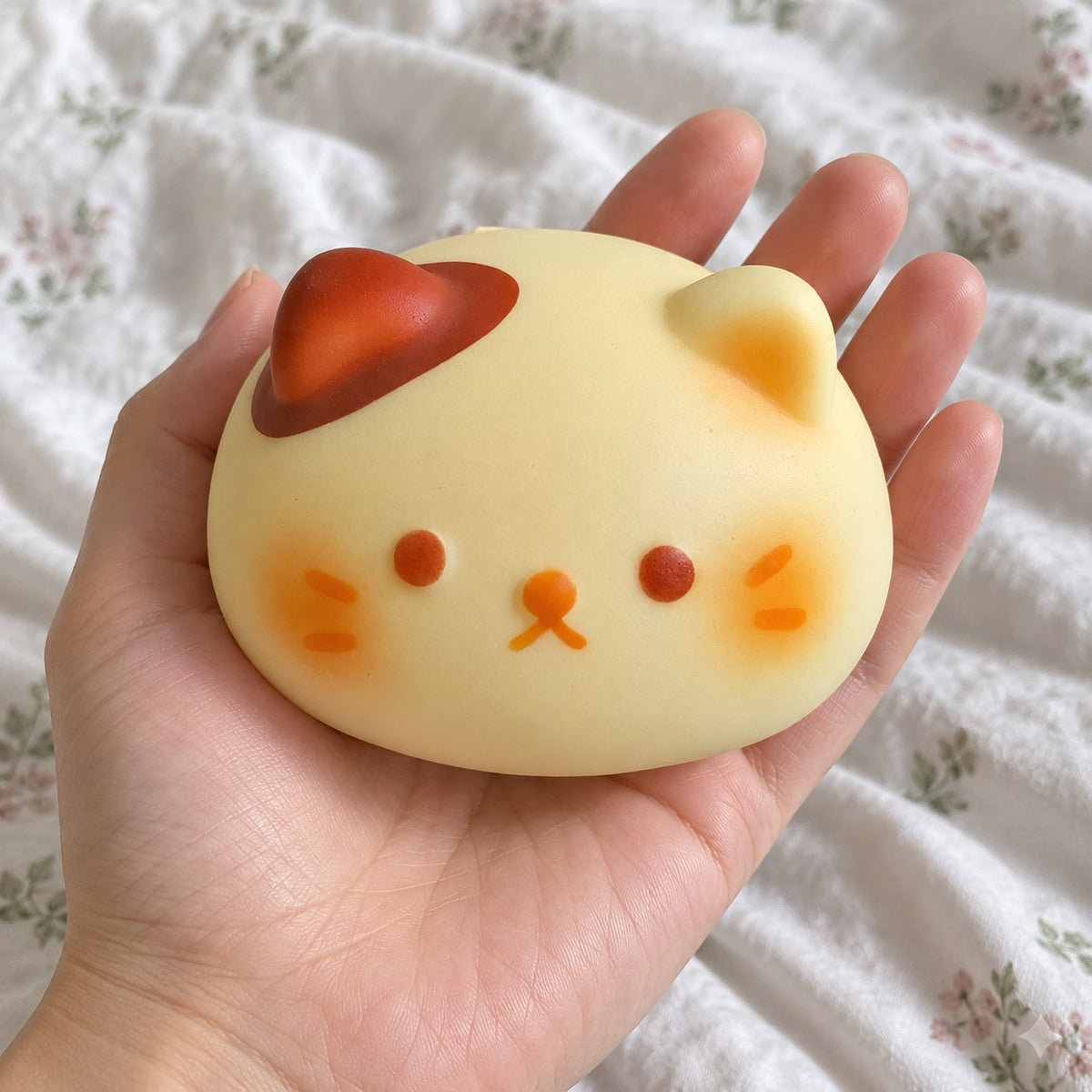 Cat bun squishy, held toward the camera, first-person view