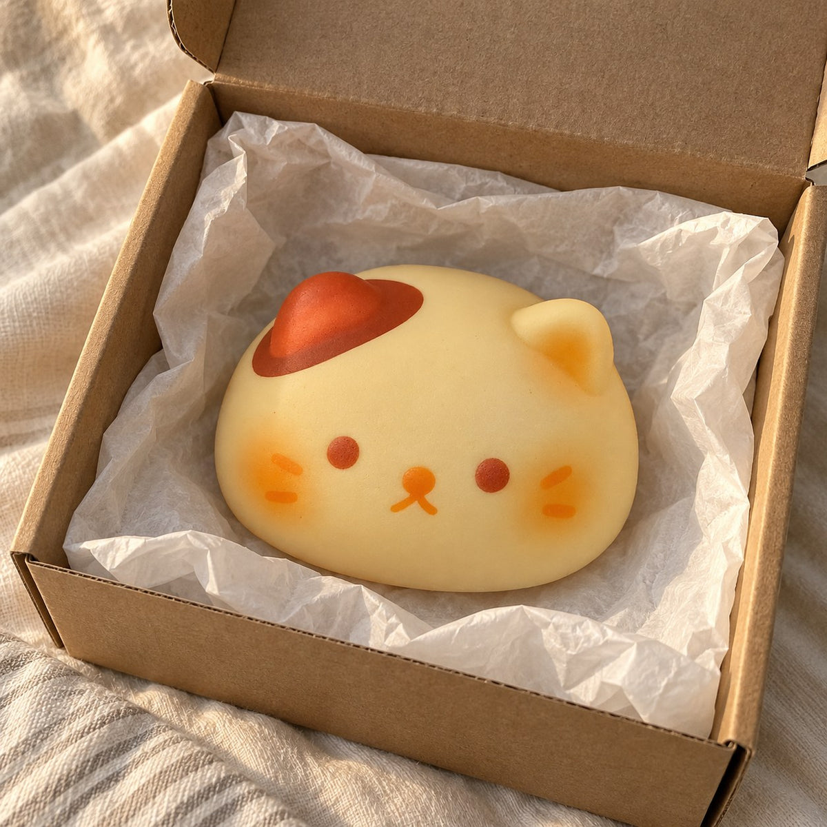Cat bun squishy kawaii, unboxed from a parcel with tissue paper