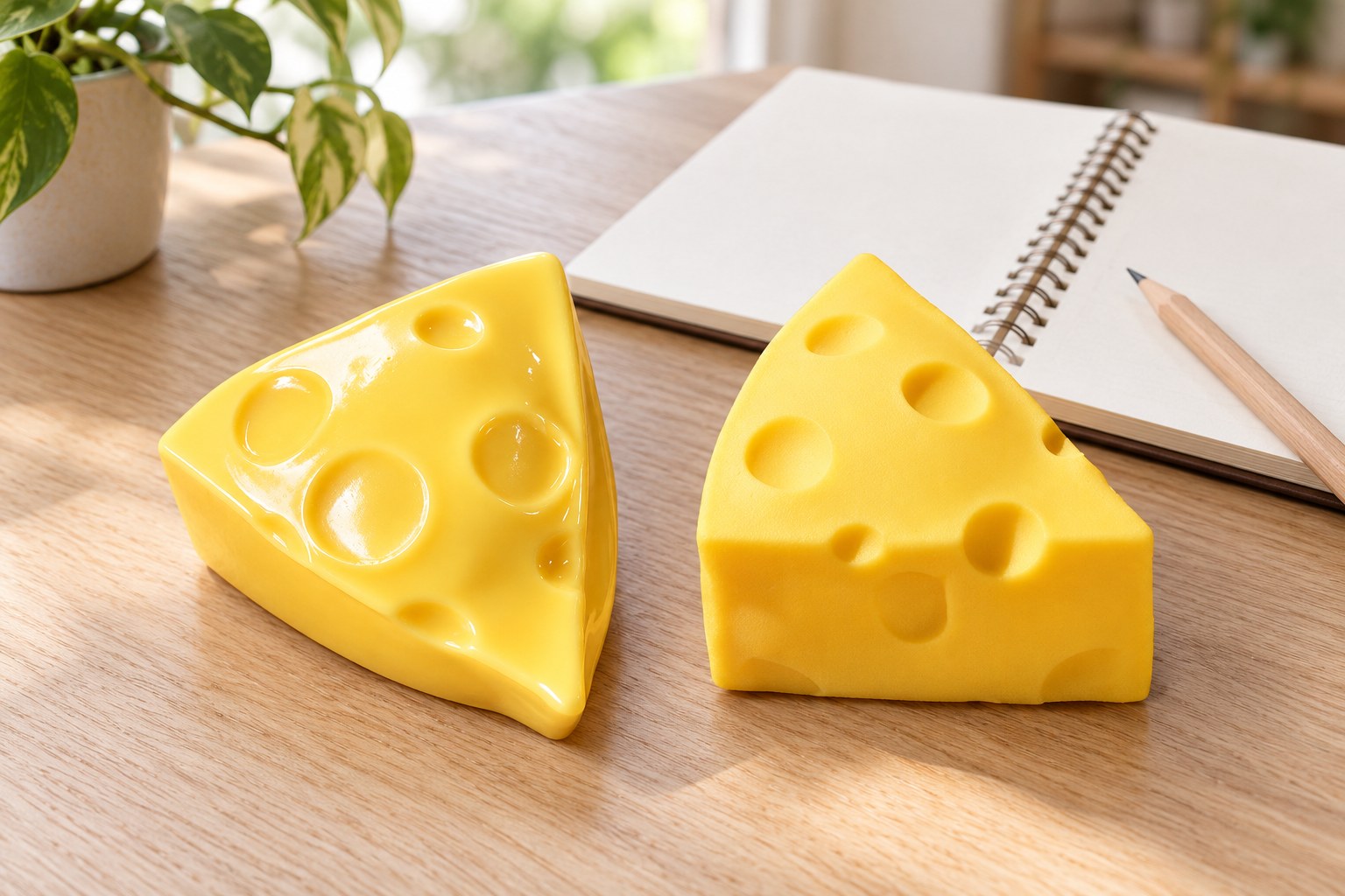 Two cheese wedge squishies on a light wooden desk next to an open blank notebook and a pencil
