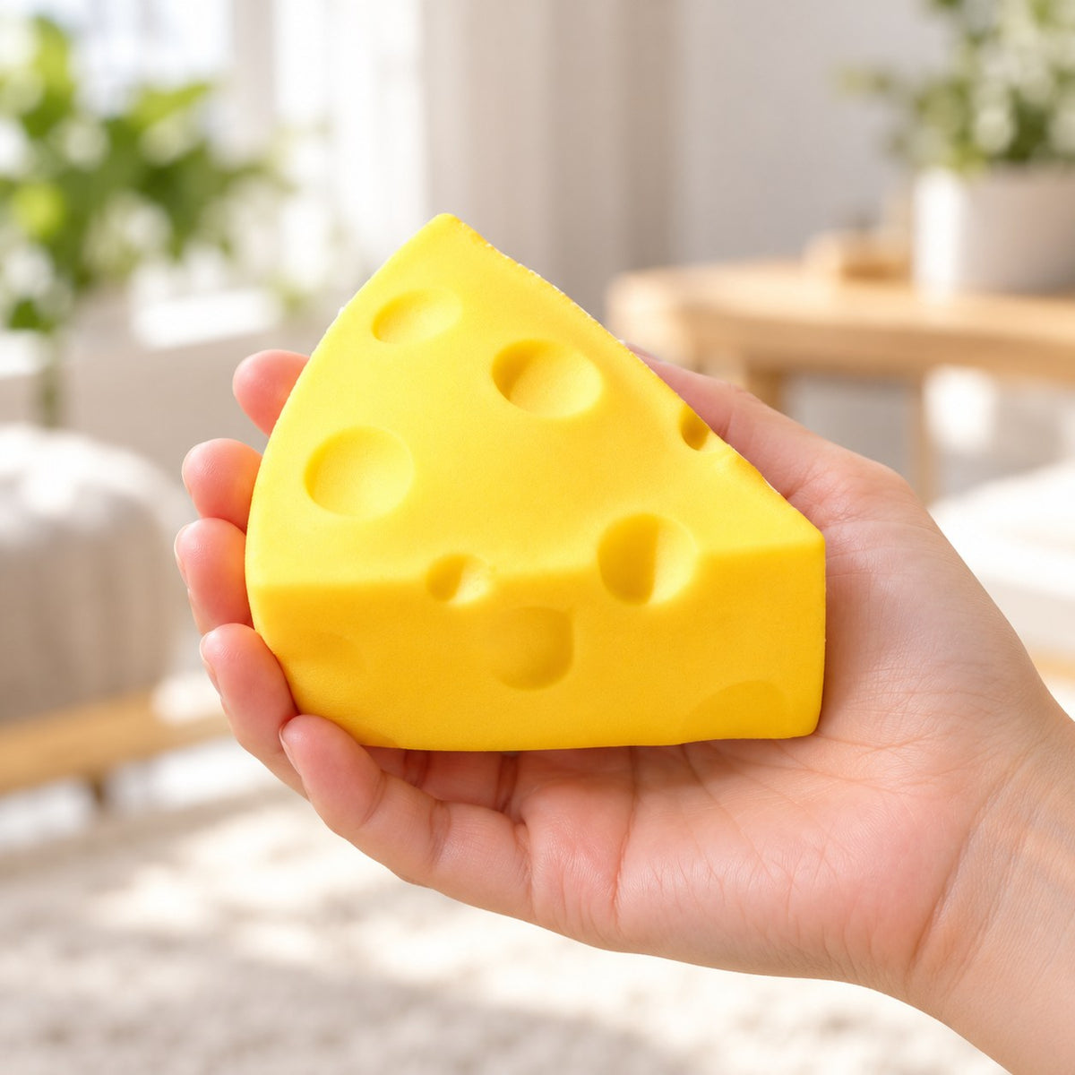 Cheese Wedge Squishy, Soft Plastic, held in a hand to show the real size