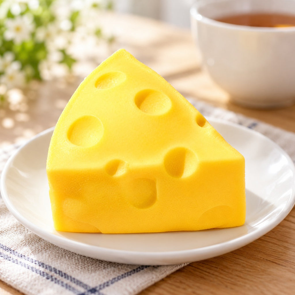 Cheese Wedge Squishy, Soft Plastic, on a plate on a breakfast table