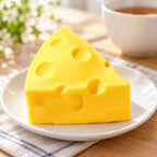 Cheese Wedge Squishy, Soft Plastic, on a plate on a breakfast table