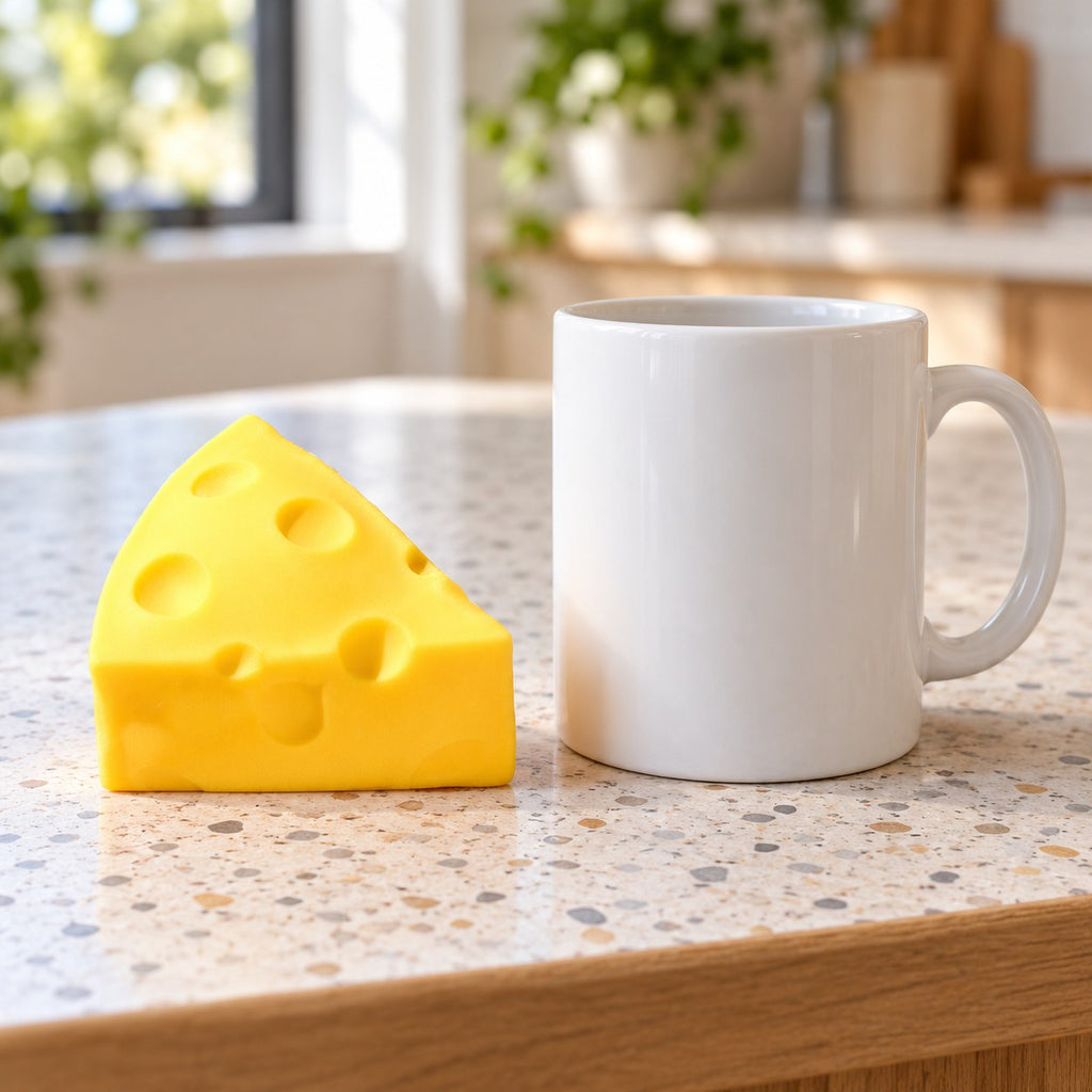 Cheese wedge squishy, next to a coffee mug for size comparison