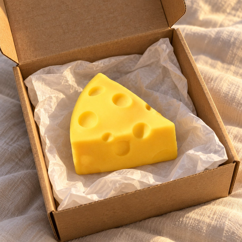 Cheese wedge squishy, unboxed from a parcel with tissue paper
