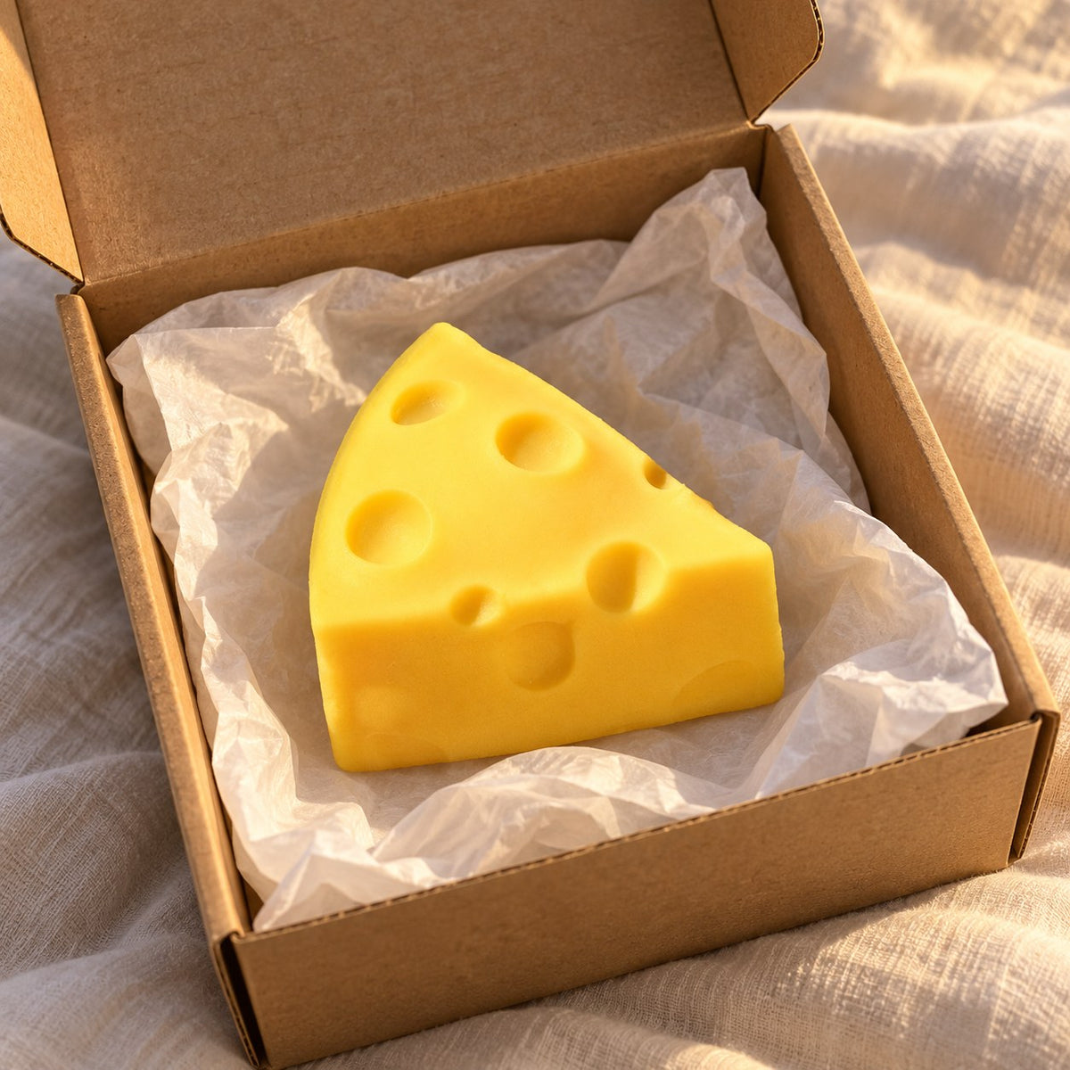 Cheese wedge squishy, unboxed from a parcel with tissue paper