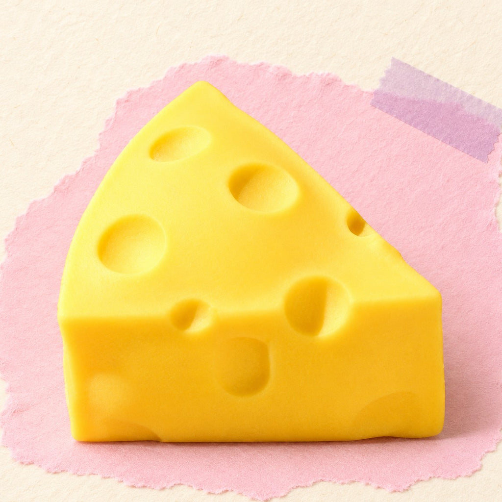 Cheese wedge squishy soft – Cheese Wedge Squishy, Soft Plastic, product photo on pastel paper