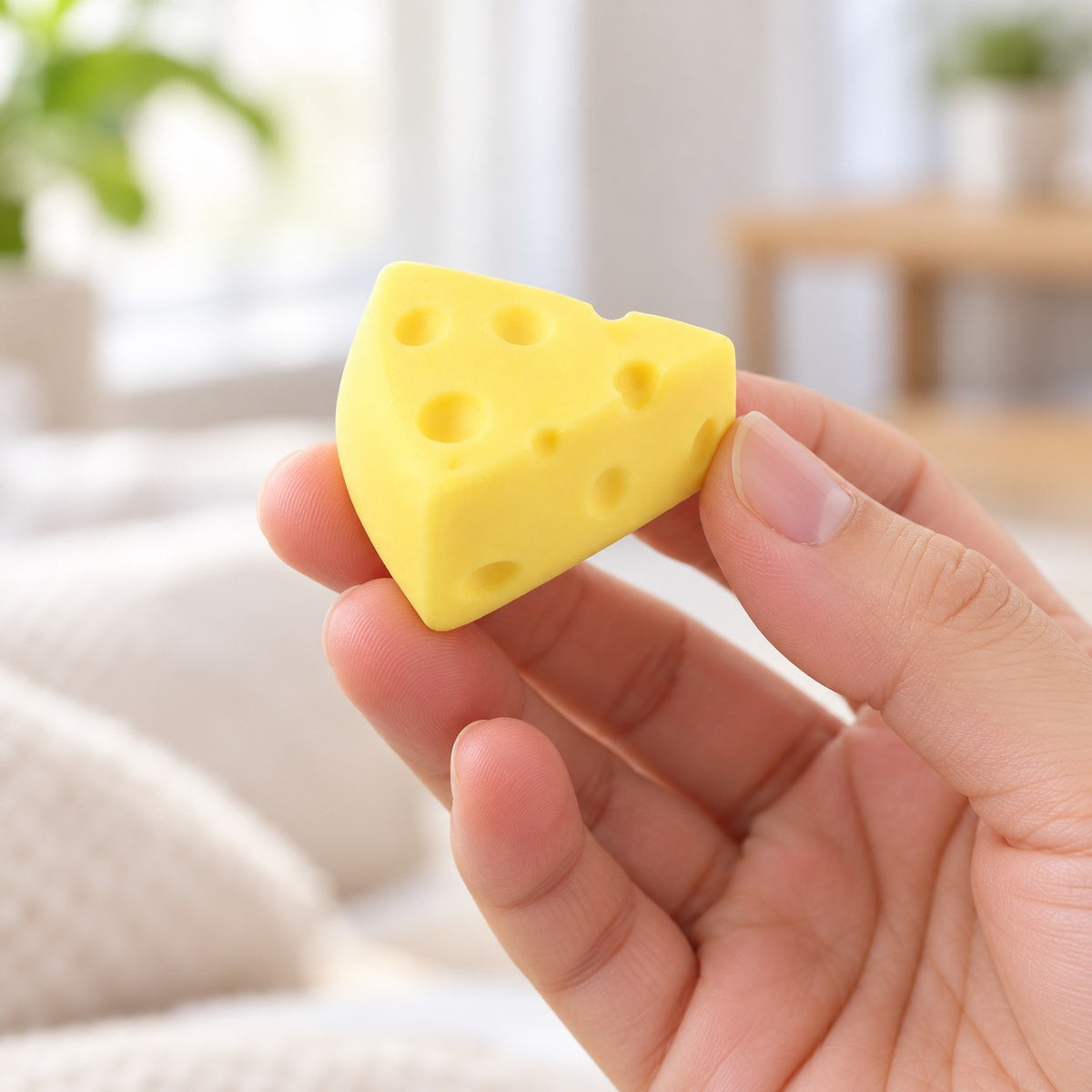 Cheese Wedge Squishy, Mini or Flour Finish (Mini Wedge, Solid), held in a hand to show the real size