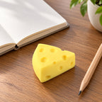 Cheese wedge squishy mini soft (Mini Wedge, Solid), on a desk with a notebook and pencil