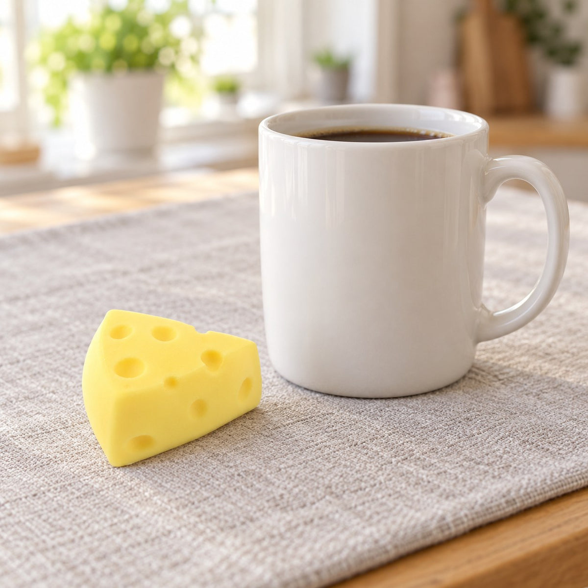 Cheese Wedge Squishy, Mini or Flour Finish (Mini Wedge, Solid), next to a coffee mug for size comparison