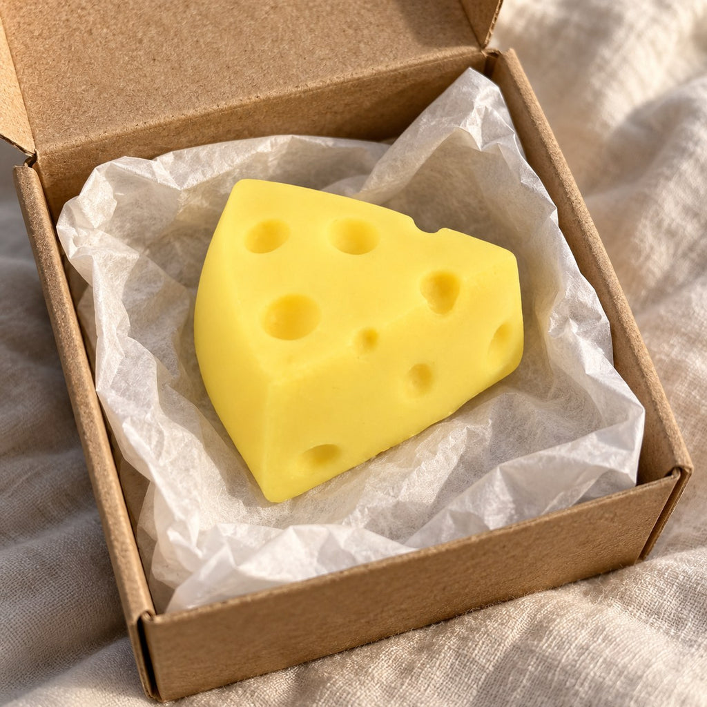 Cheese wedge squishy mini (Mini Wedge, Solid), unboxed from a parcel with tissue paper
