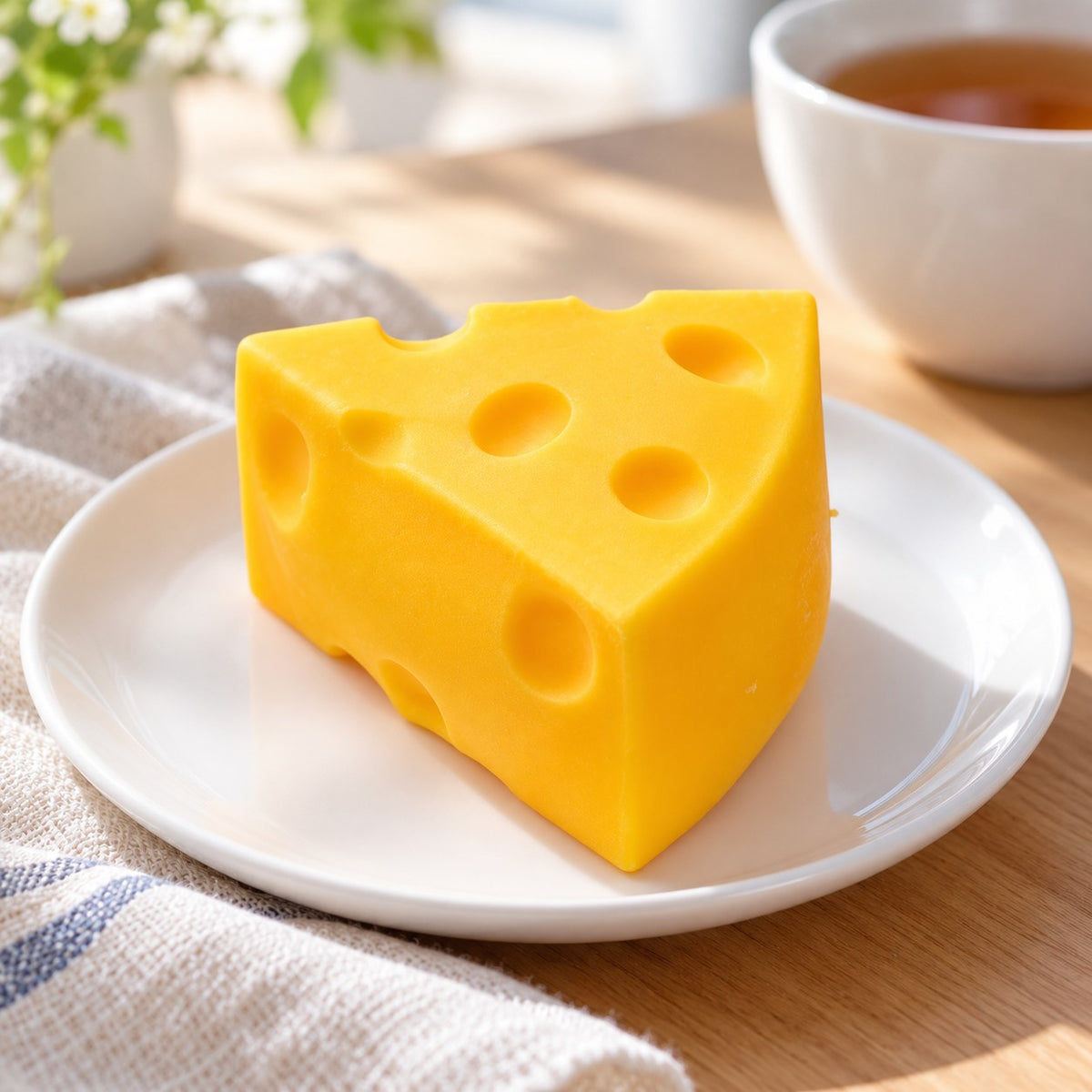 Cheese Wedge Squishy, Mini or Flour Finish (Wedge, Flour Finish), on a plate on a breakfast table
