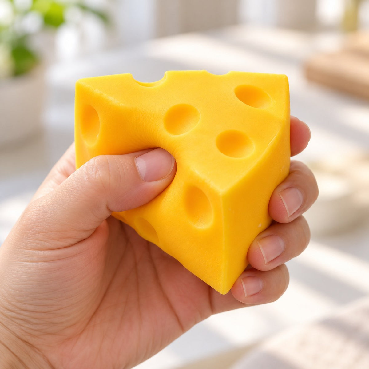 Cheese Wedge Squishy, Mini or Flour Finish (Wedge, Flour Finish), being squeezed by hand, soft and squishy