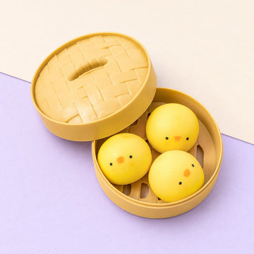 Papir squishy skabelon med dumpling, her forbilledet: kyllinge-bao med 3 boller i dampkurv