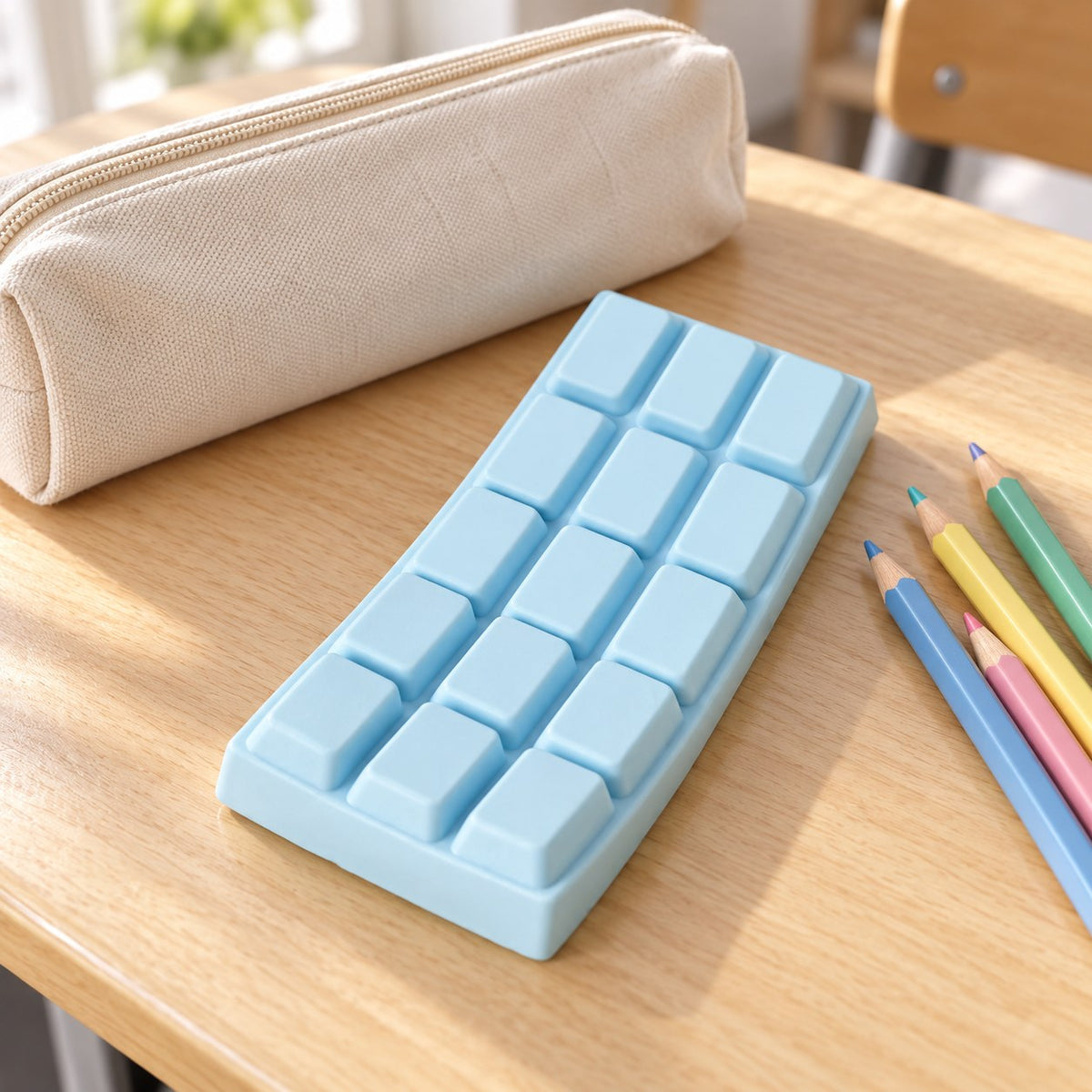 Chocolate Bar Squishy, Slow Rising 15.5 cm (Blue), on a school desk next to a pencil case