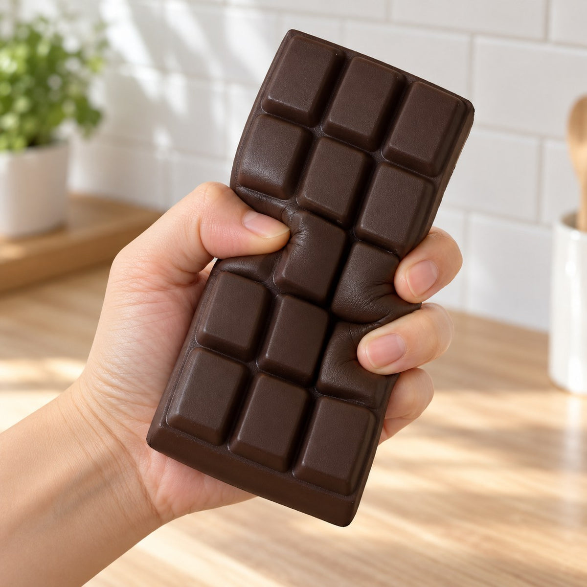 Chocolate Bar Squishy, Slow Rising 15.5 cm (Dark chocolate), being squeezed by hand, soft and squishy