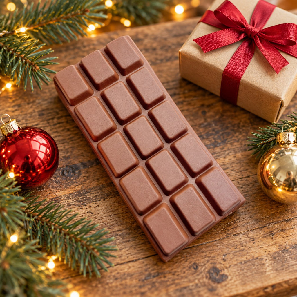 Chocolate Bar Squishy, Slow Rising 15.5 cm (Milk brown), in a Christmas scene with fir branches and fairy lights